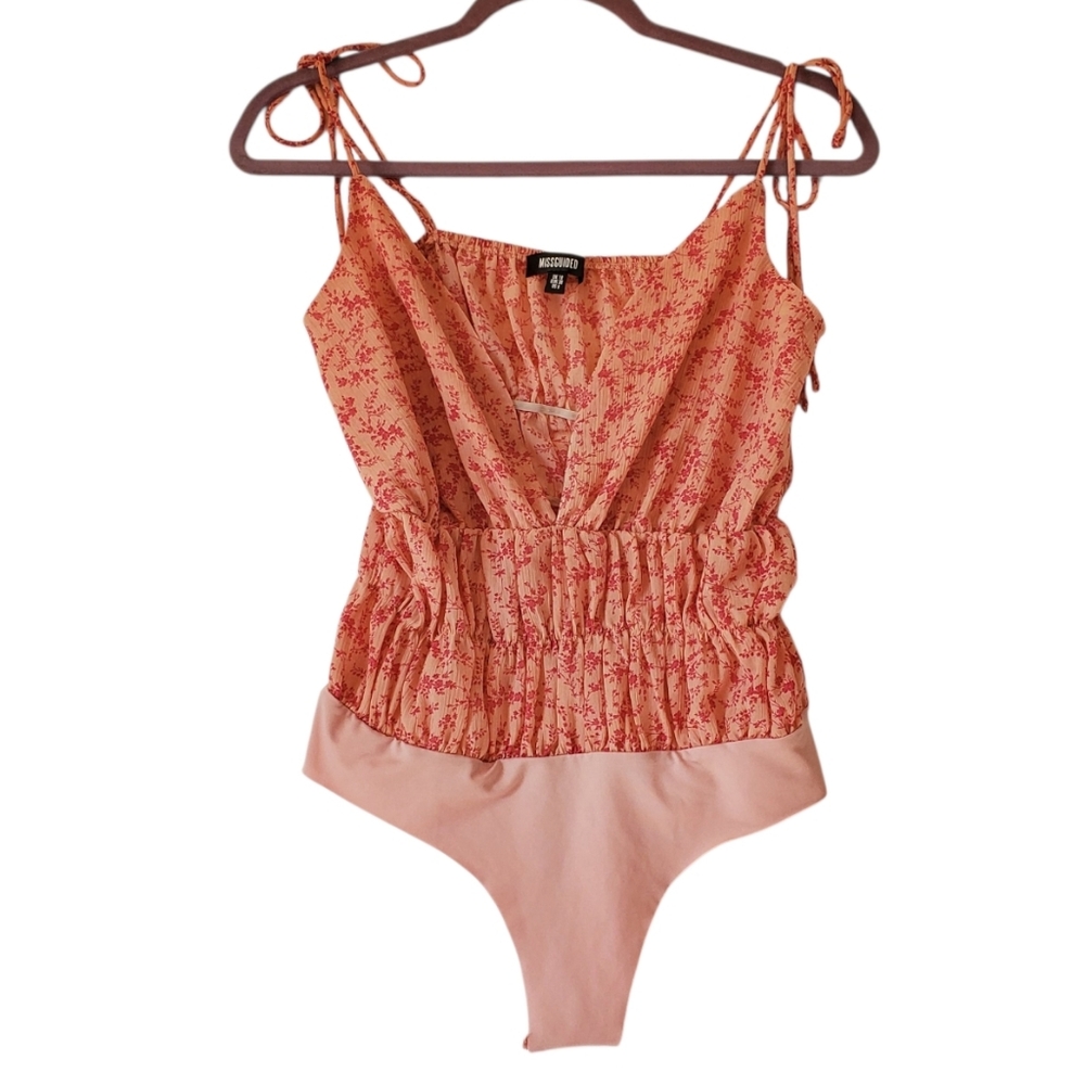 Missguided Floral Pink Orange Spaghetti Straps Snap Ruched Bodysuit Size 6